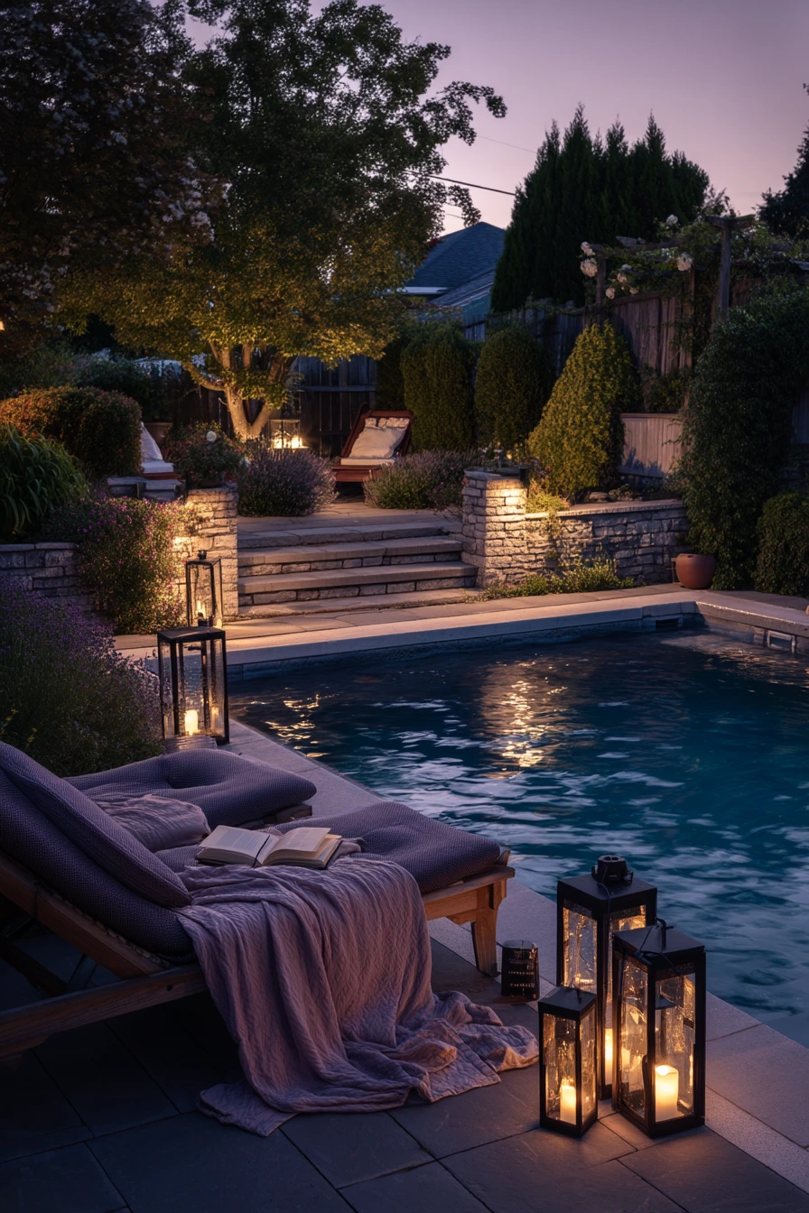 Evening Pool Lighting With Layered Planting