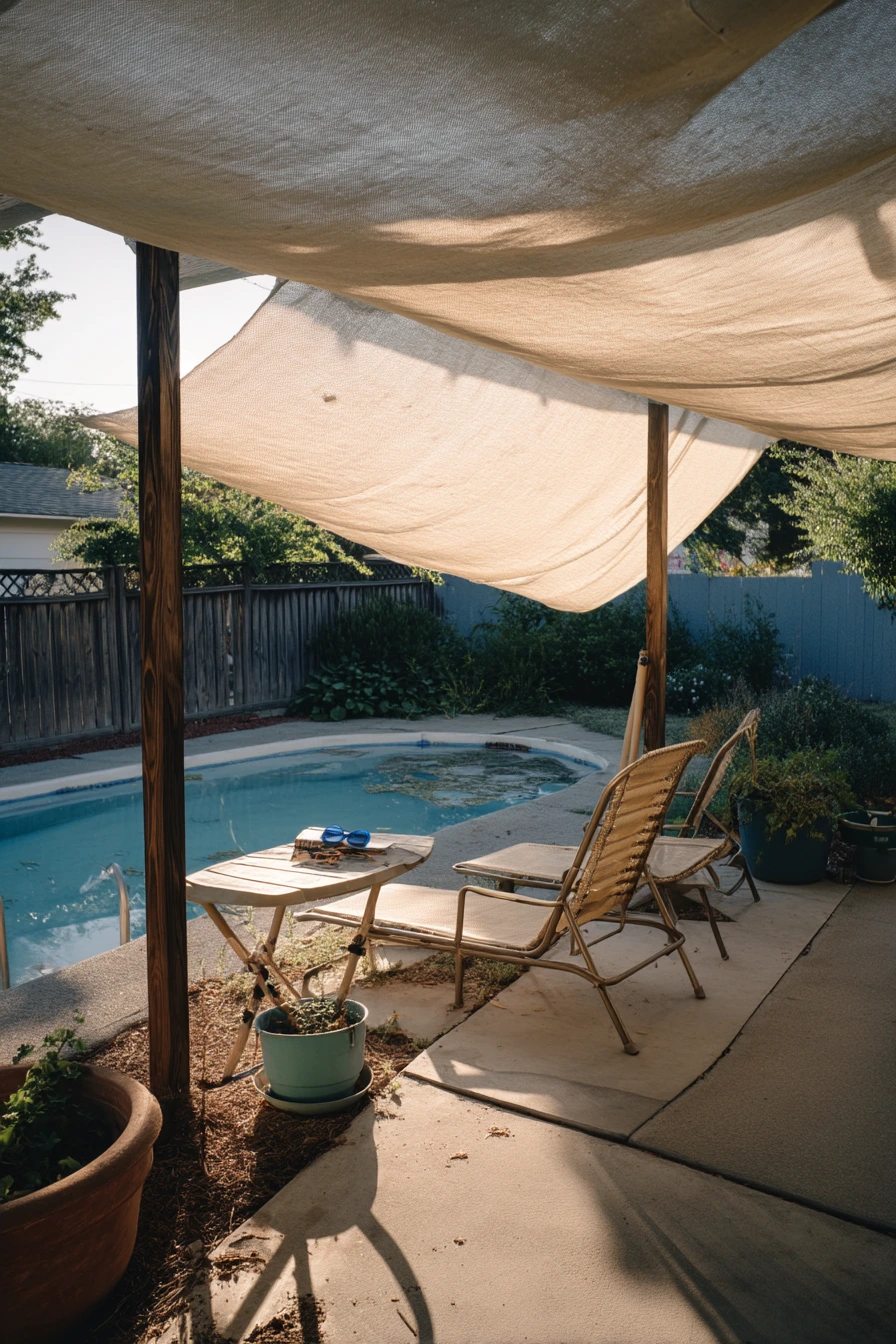 Budget DIY Shade Cloth Over the Pool Lounge