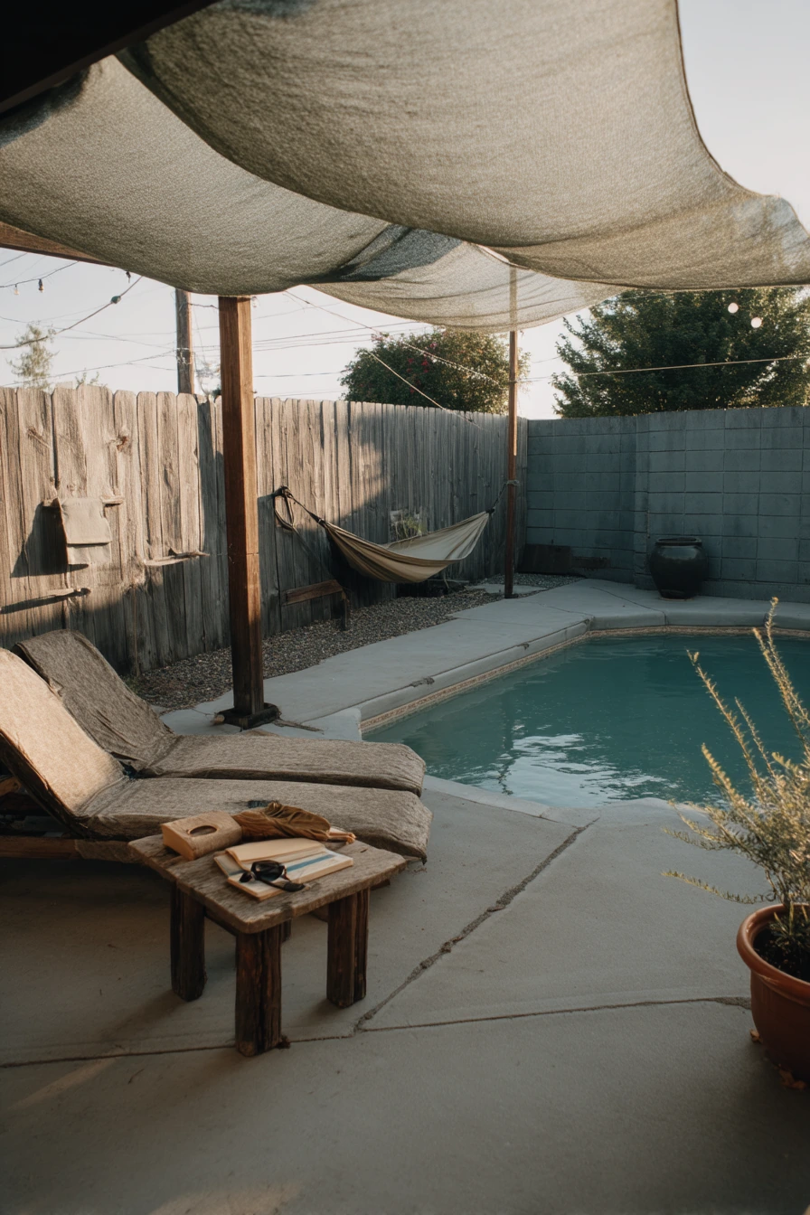 Budget DIY Shade Cloth Over the Pool Lounge