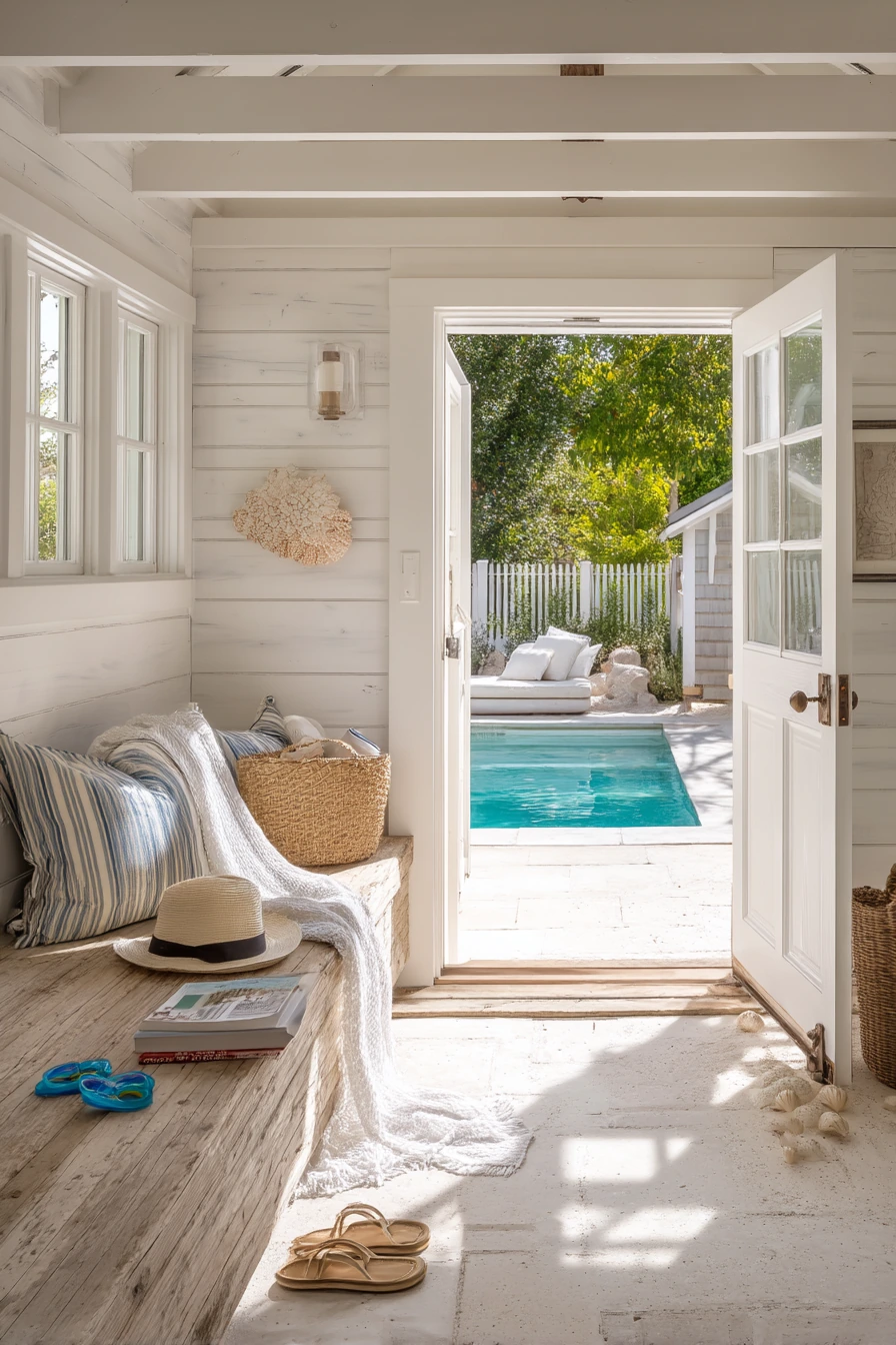 Coastal Pool Shed with Storage Bench