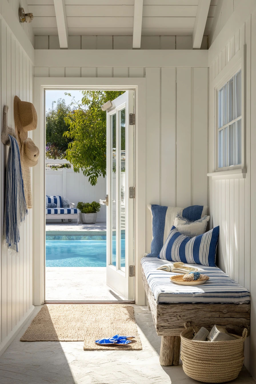 Coastal Pool Shed with Storage Bench