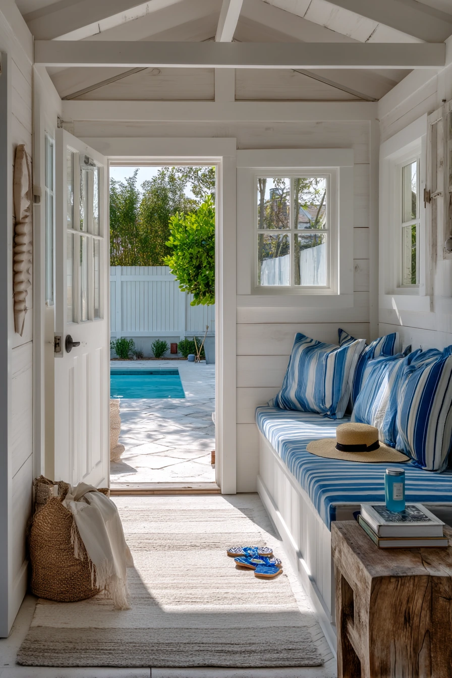 Coastal Pool Shed with Storage Bench