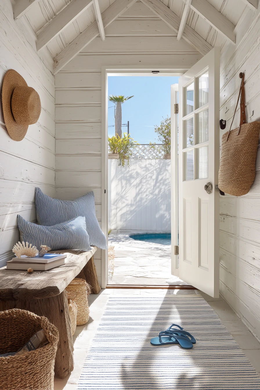 Coastal Pool Shed with Storage Bench