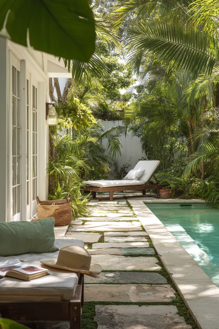 Tropical Pool Walkway with a Quiet Morning Routine