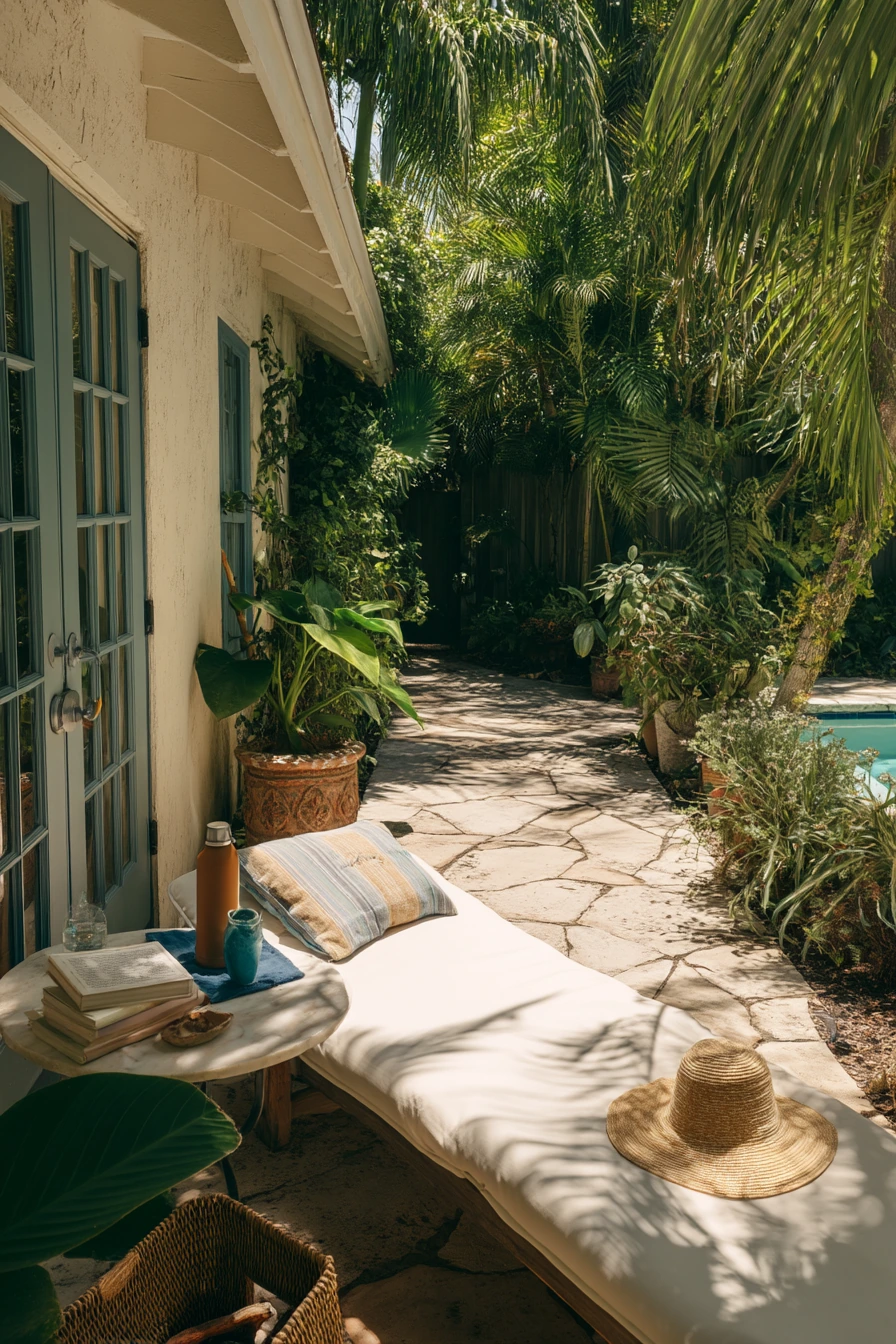 Tropical Pool Walkway with a Quiet Morning Routine