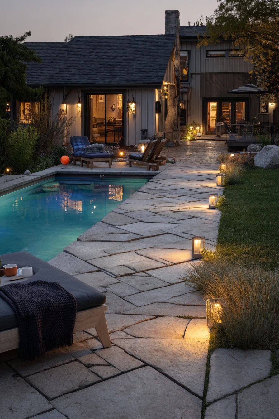 Pool Walkway with Fire Pit and Evening Practical Light