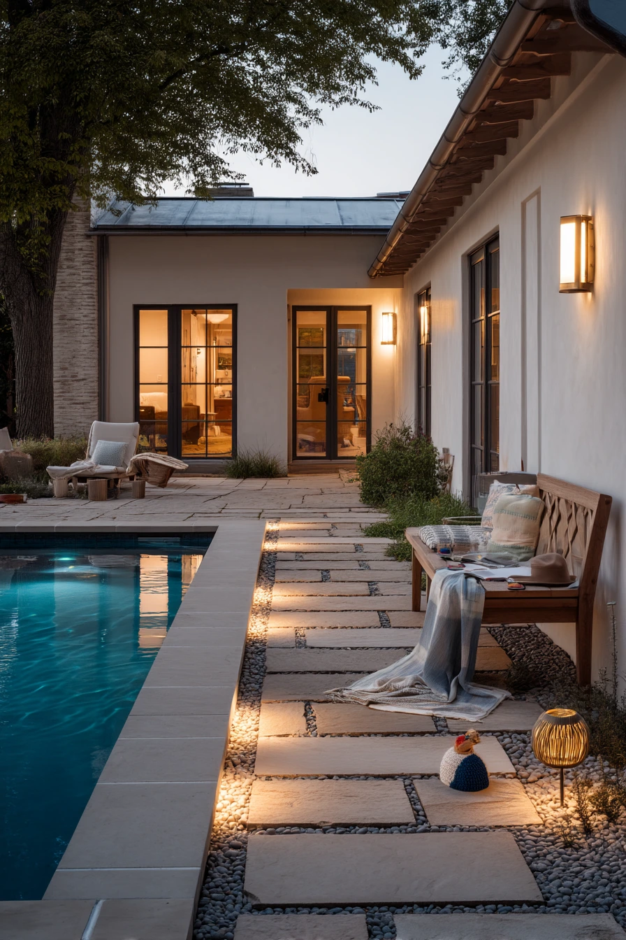 Pool Walkway with Fire Pit and Evening Practical Light