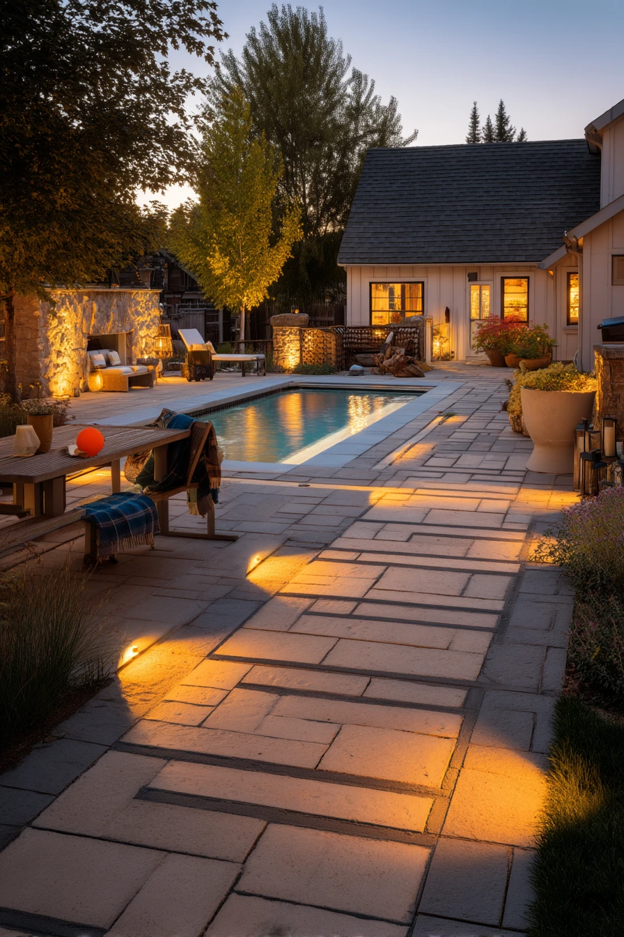 Pool Walkway with Fire Pit and Evening Practical Light
