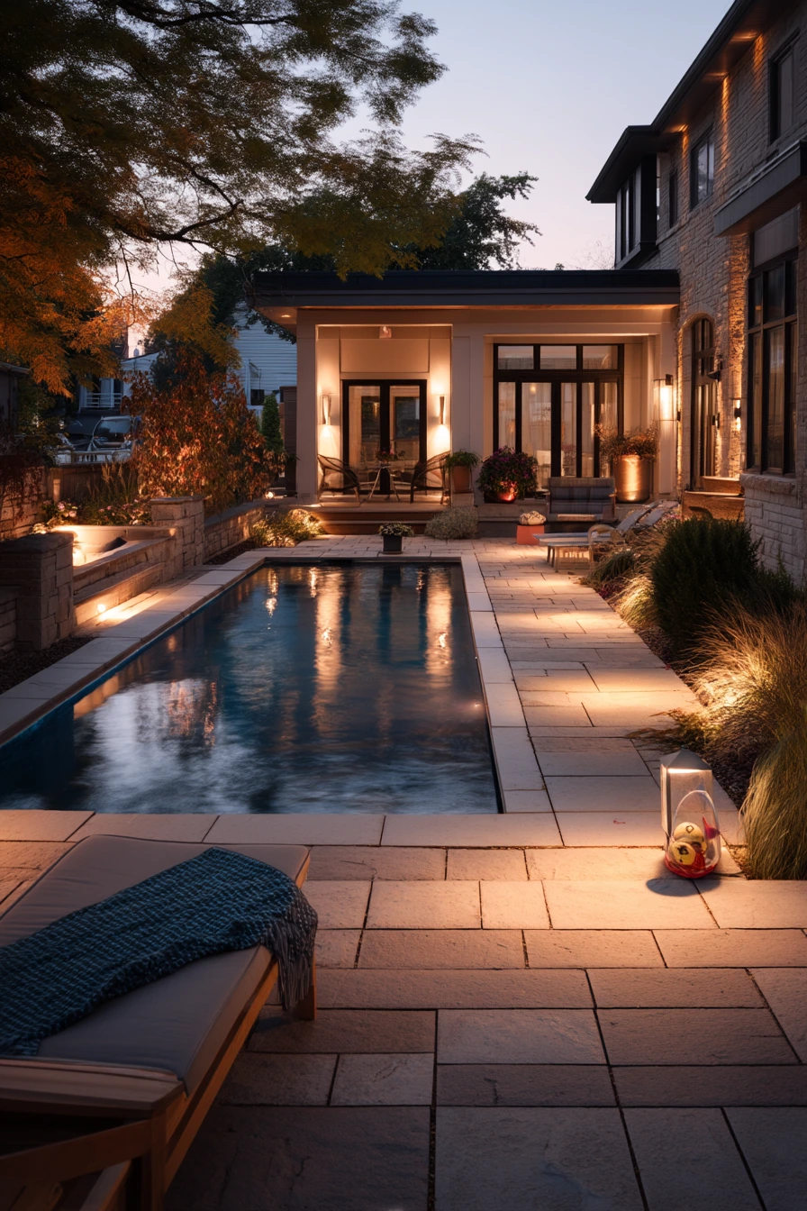 Pool Walkway with Fire Pit and Evening Practical Light