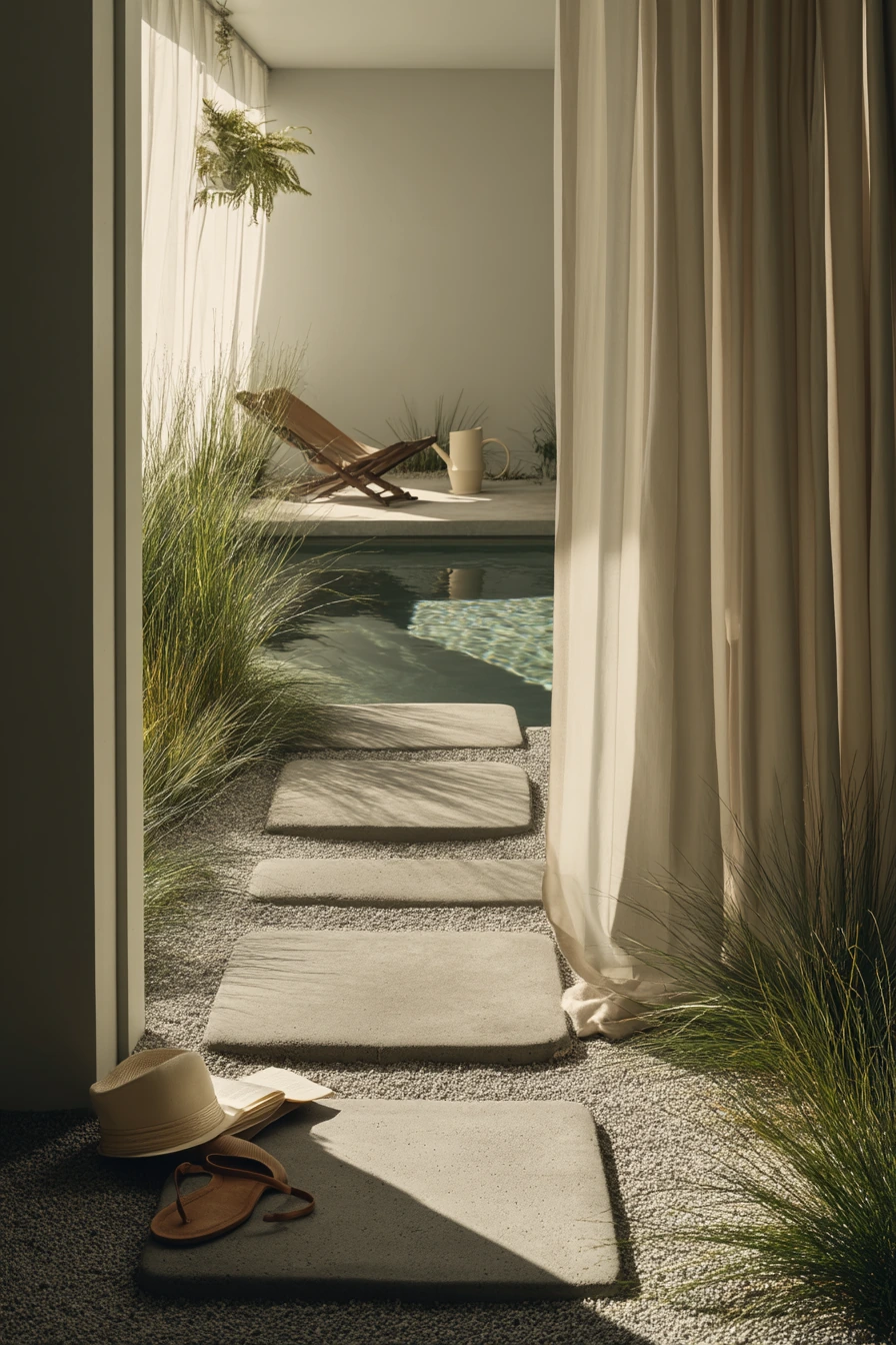 Minimal Pool Walkway with Garden-Focused Design