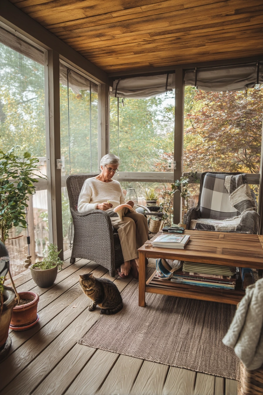 Covered Porch With Screened-In Wood Look Flooring