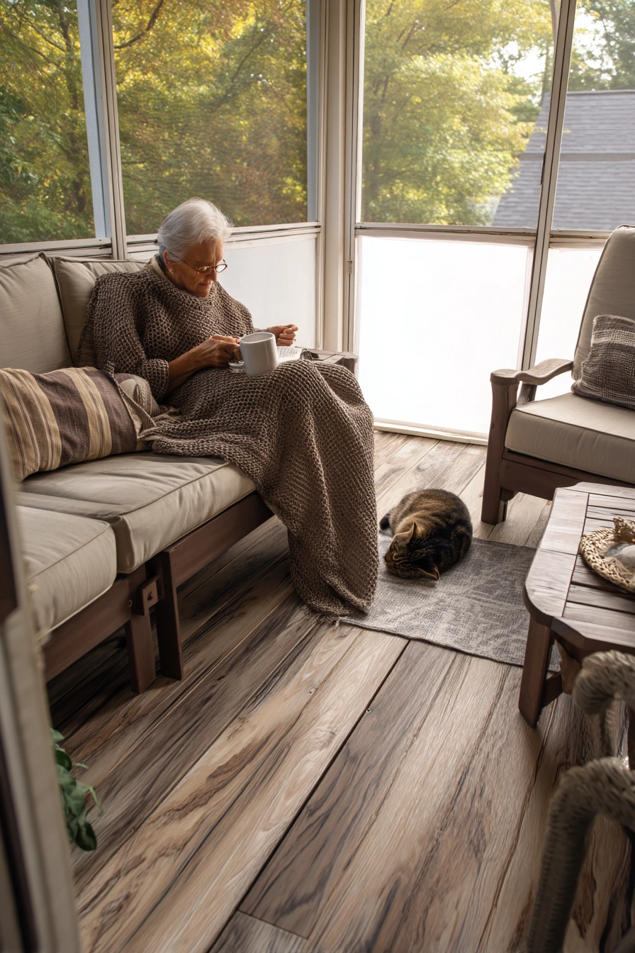 Covered Porch With Screened-In Wood Look Flooring