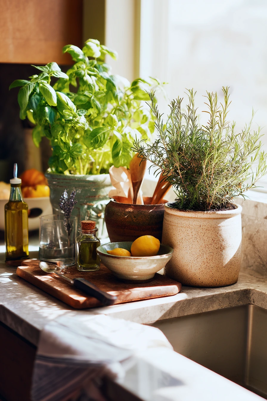 Kitchen herbs on a busy morning counter