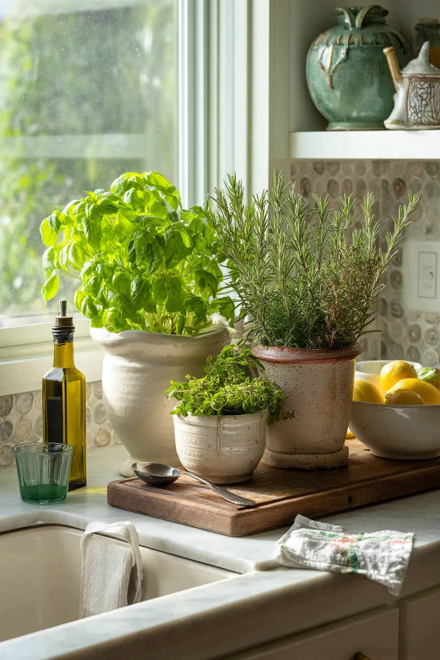 Kitchen herbs on a busy morning counter