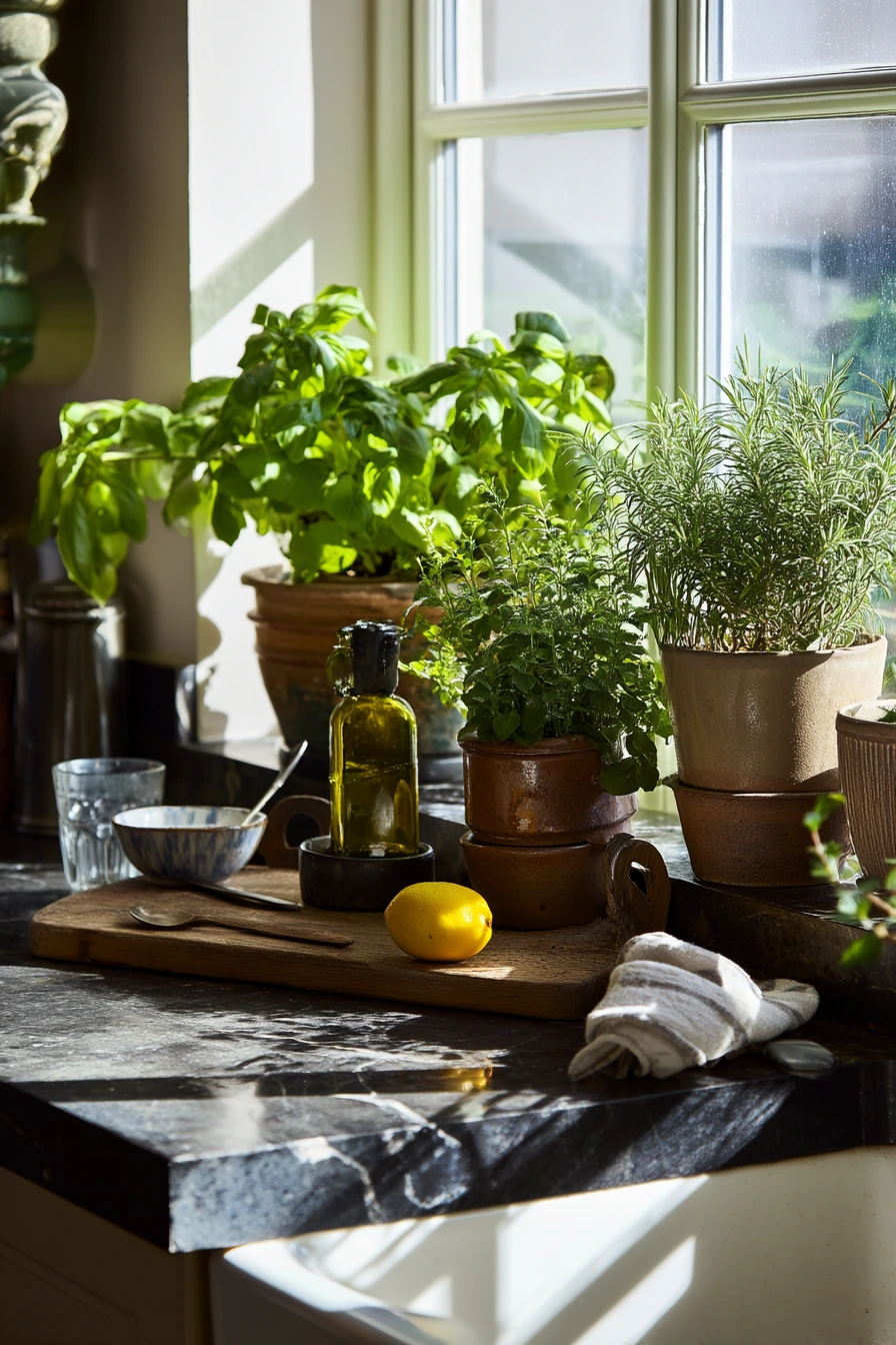 Kitchen herbs on a busy morning counter