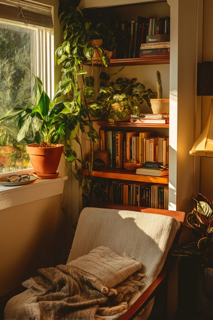 Bookshelf plant mix in a quiet reading nook