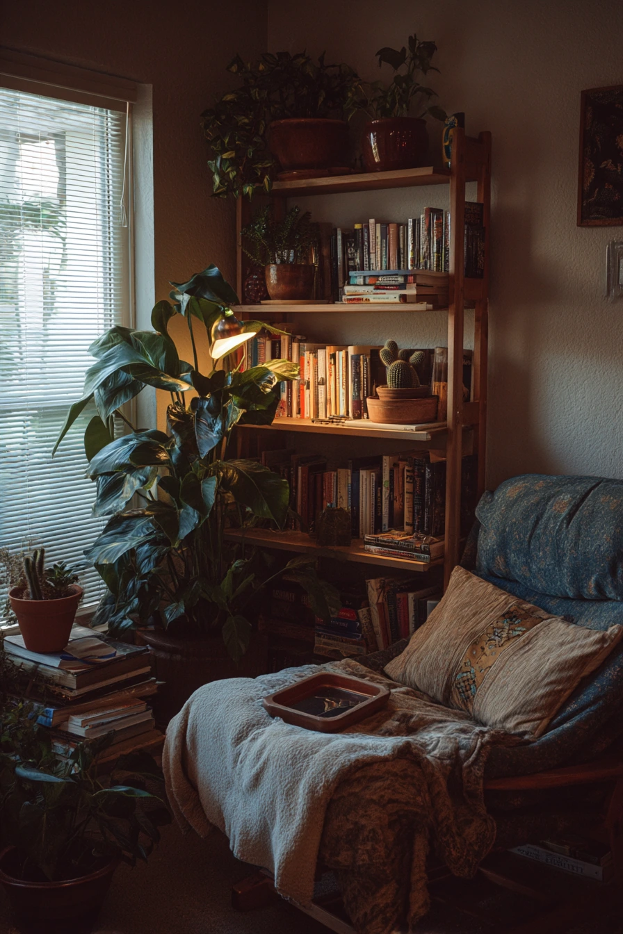 Bookshelf plant mix in a quiet reading nook