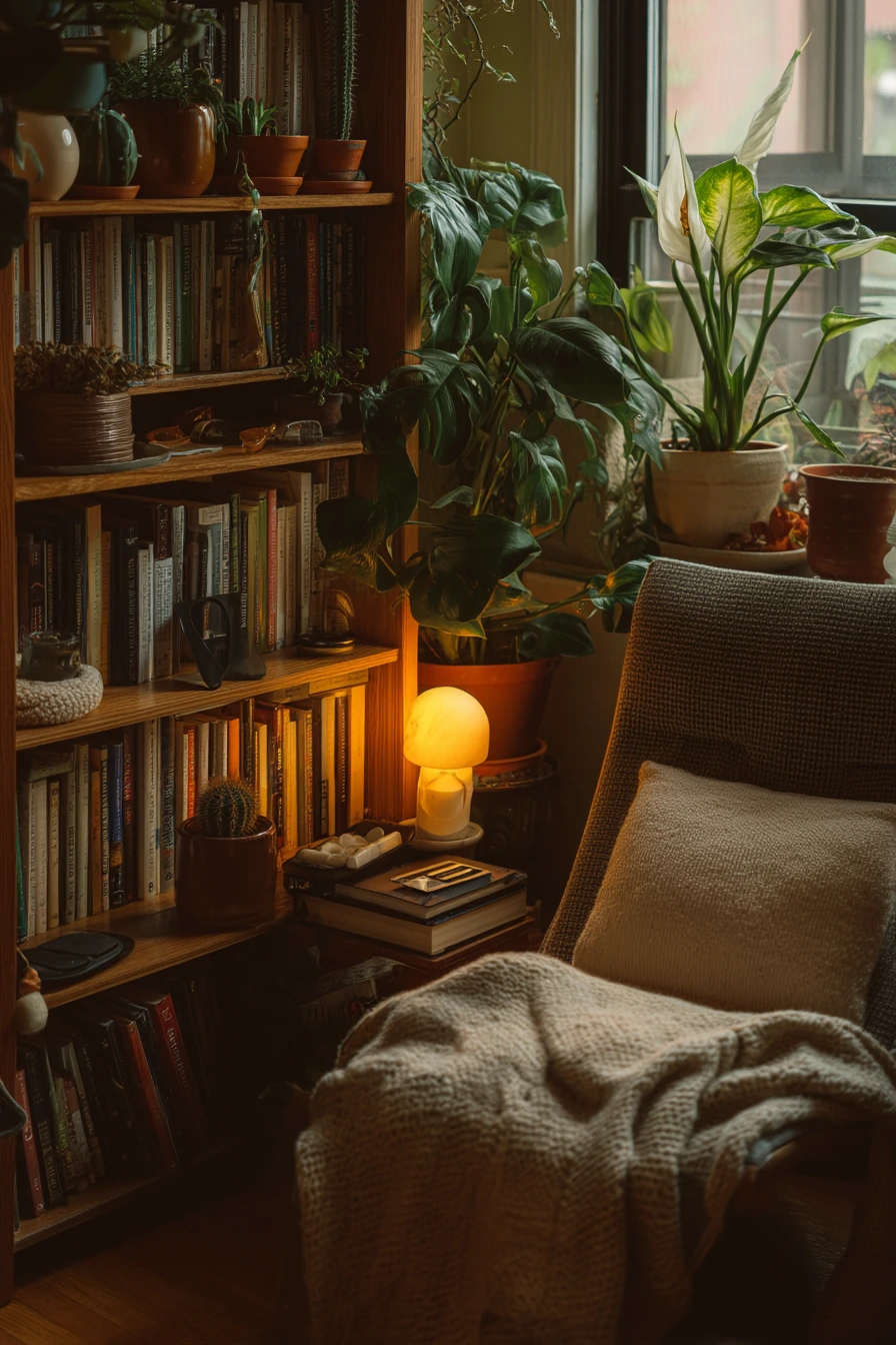 Bookshelf plant mix in a quiet reading nook