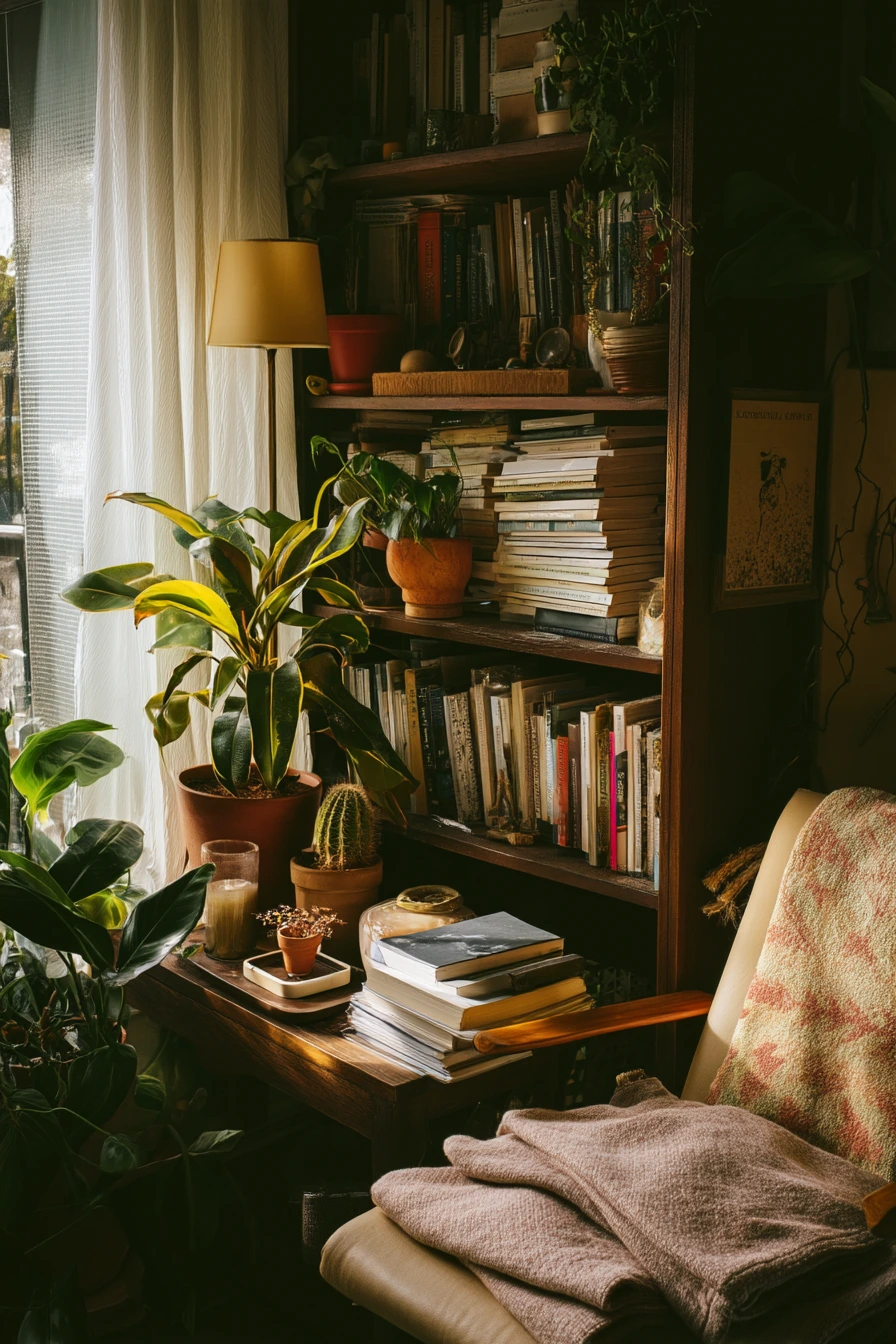 Bookshelf plant mix in a quiet reading nook