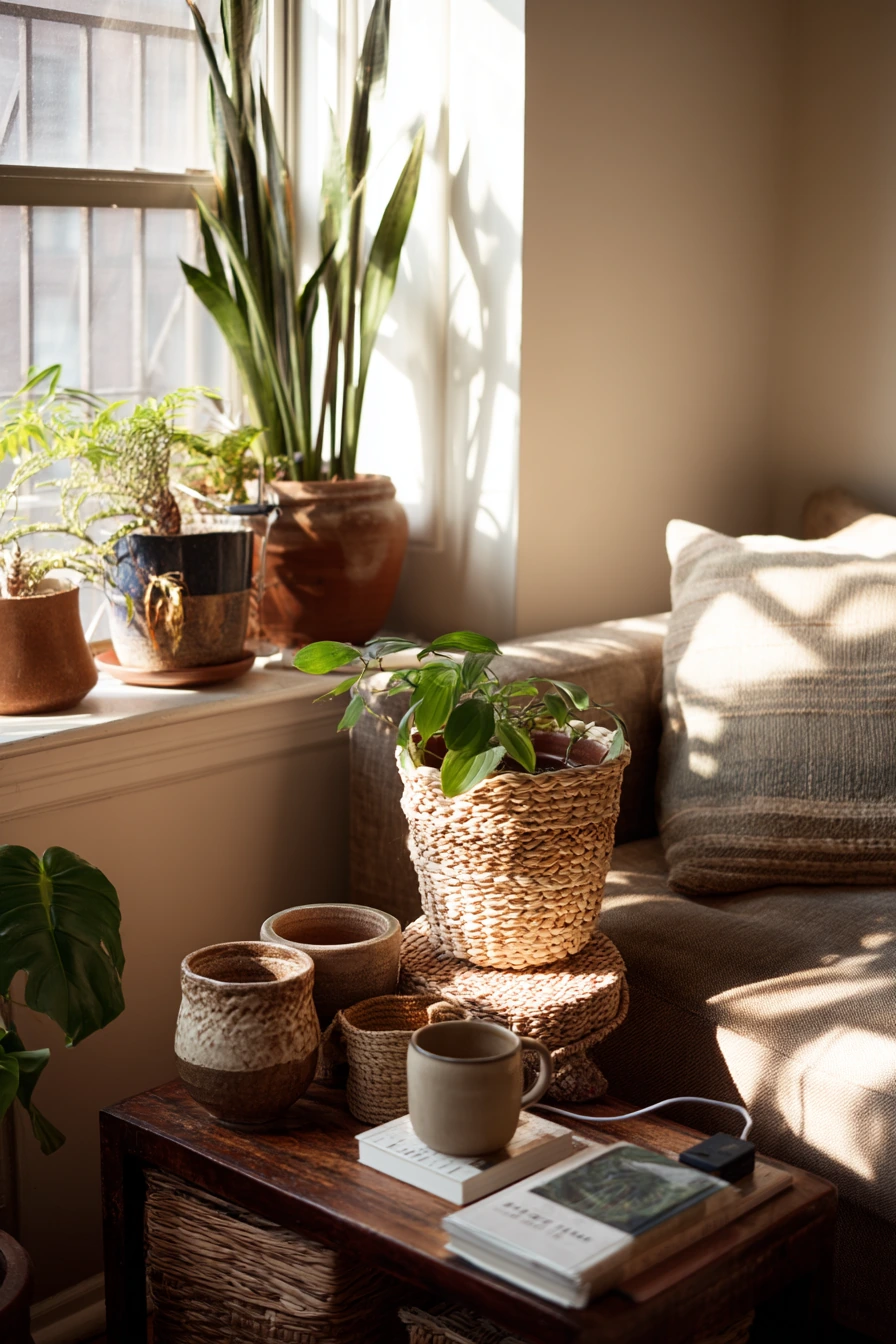 Sunlit windowsill cluster in a compact apartment