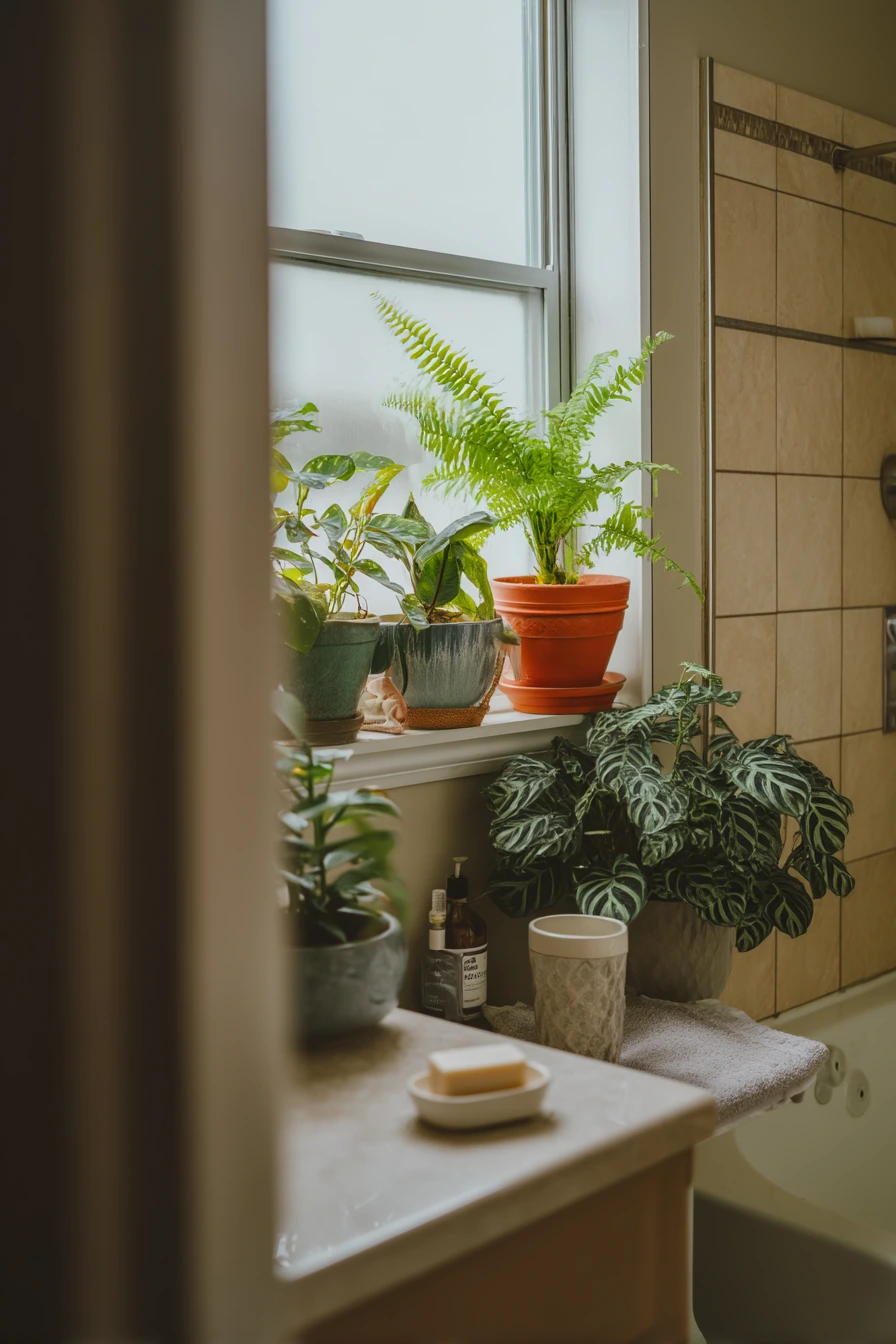 Bathroom shelf plants in a tiny apartment