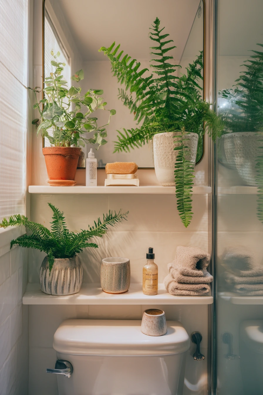 Bathroom shelf plants in a tiny apartment