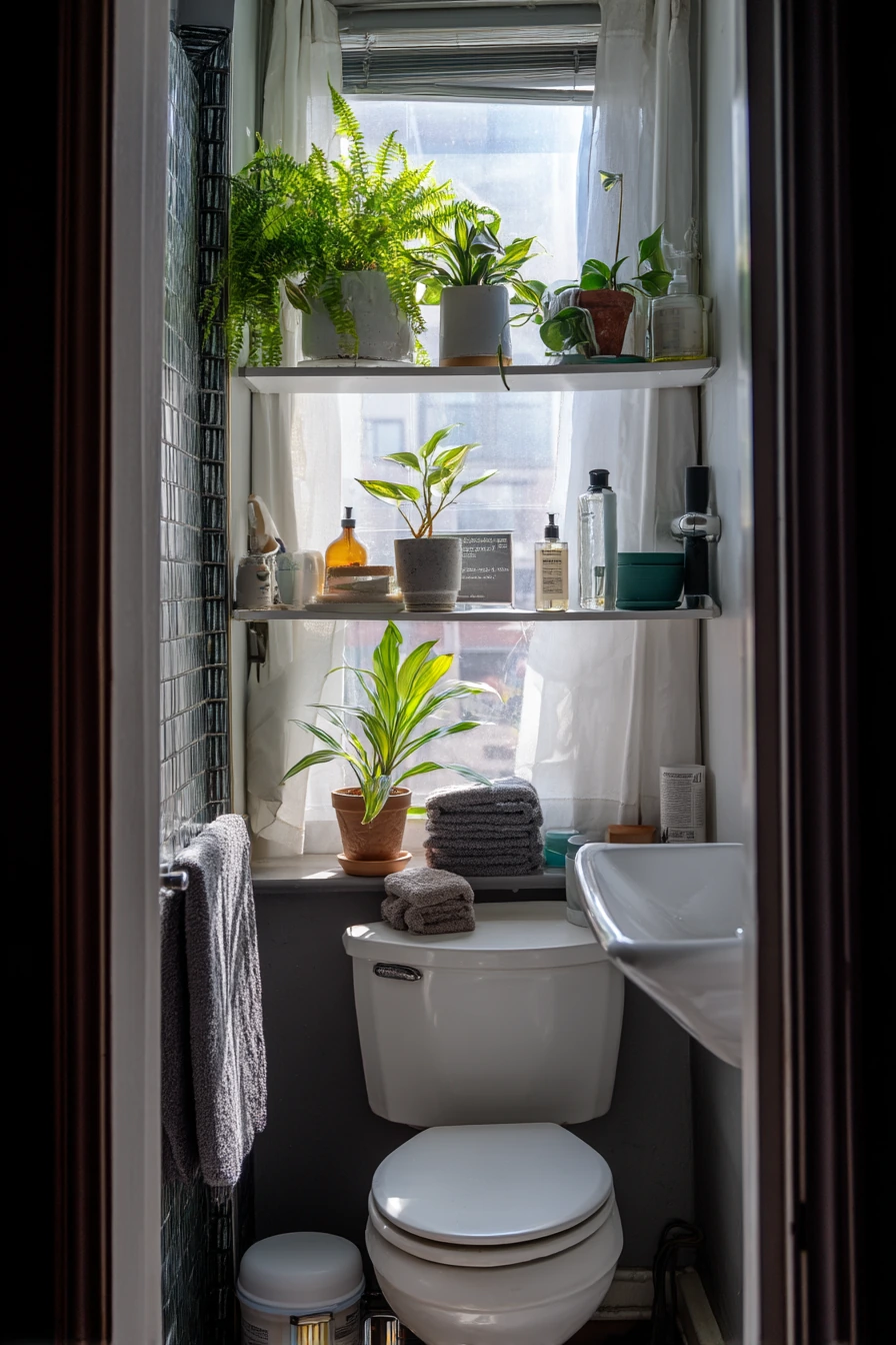 Bathroom shelf plants in a tiny apartment