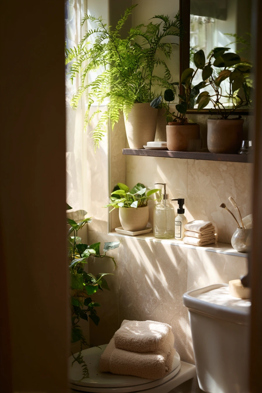 Bathroom shelf plants in a tiny apartment