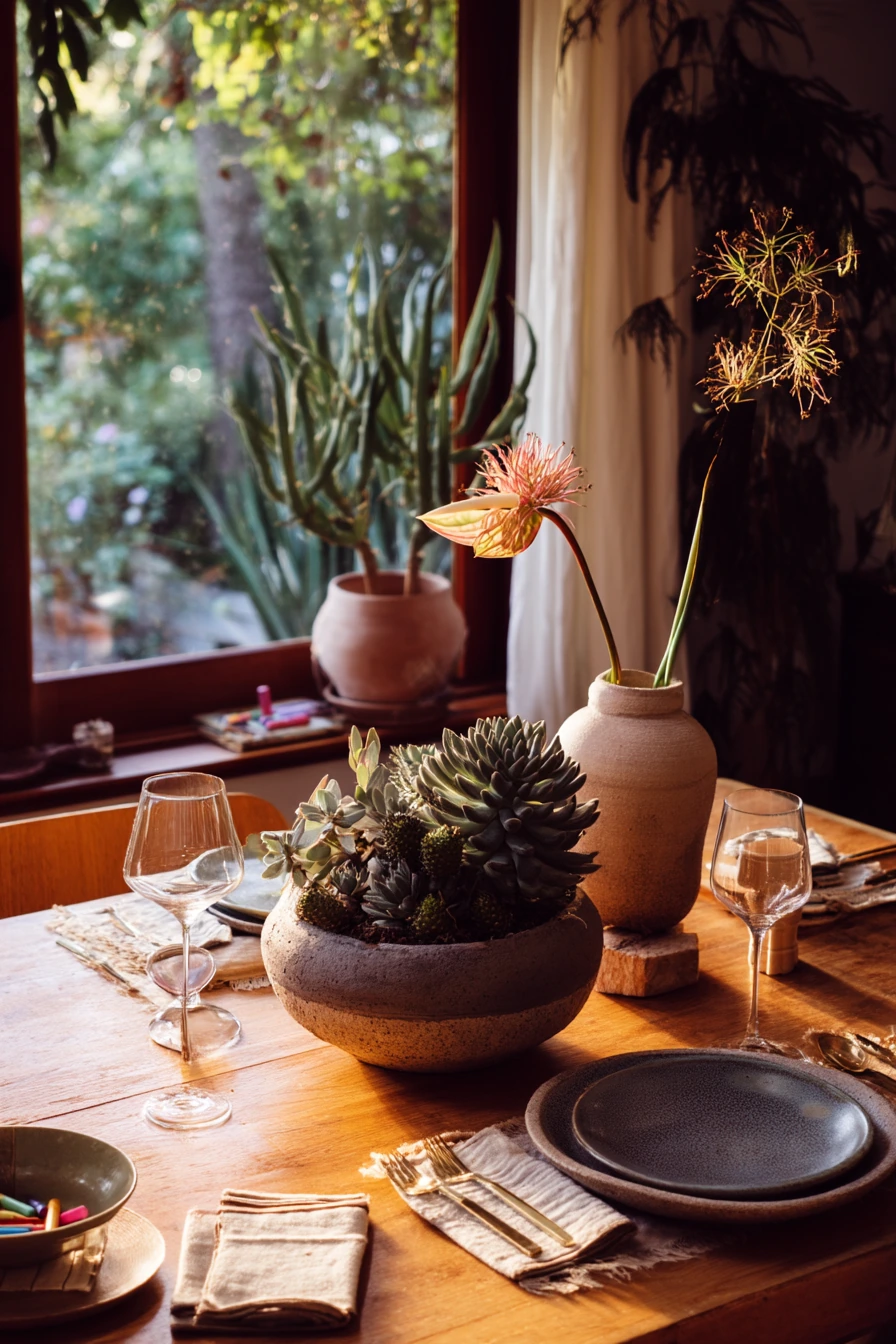Dining table centerpiece with everyday clutter