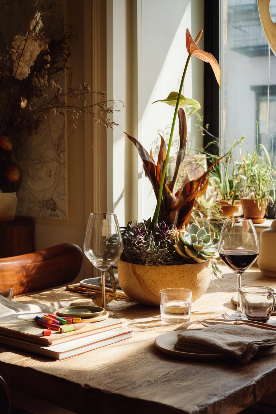 Dining table centerpiece with everyday clutter