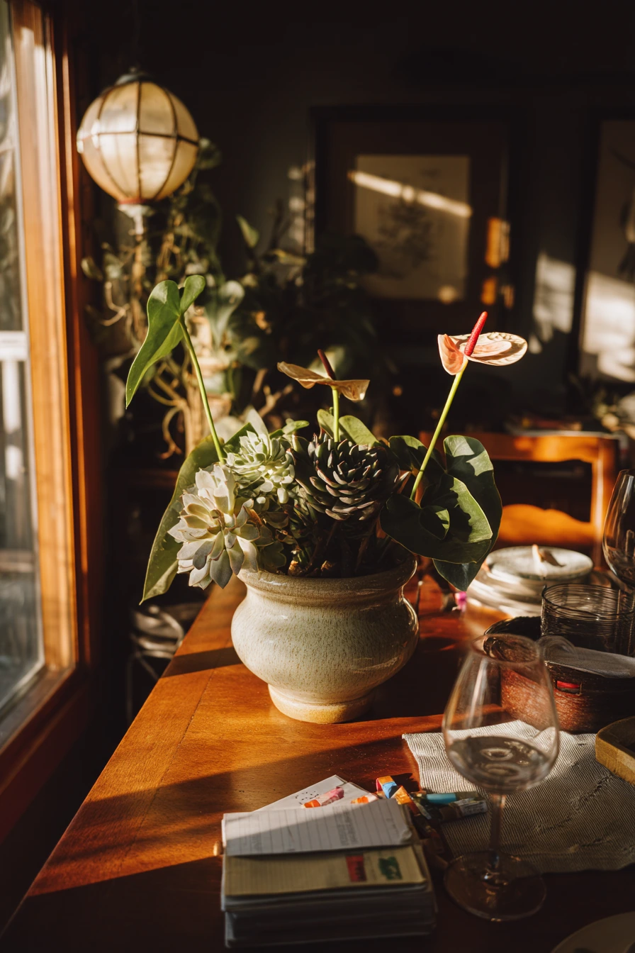 Dining table centerpiece with everyday clutter