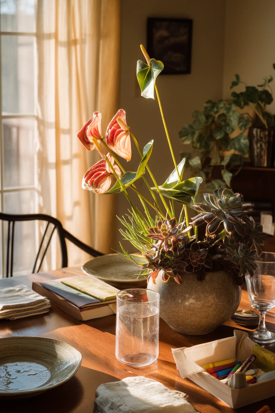 Dining table centerpiece with everyday clutter