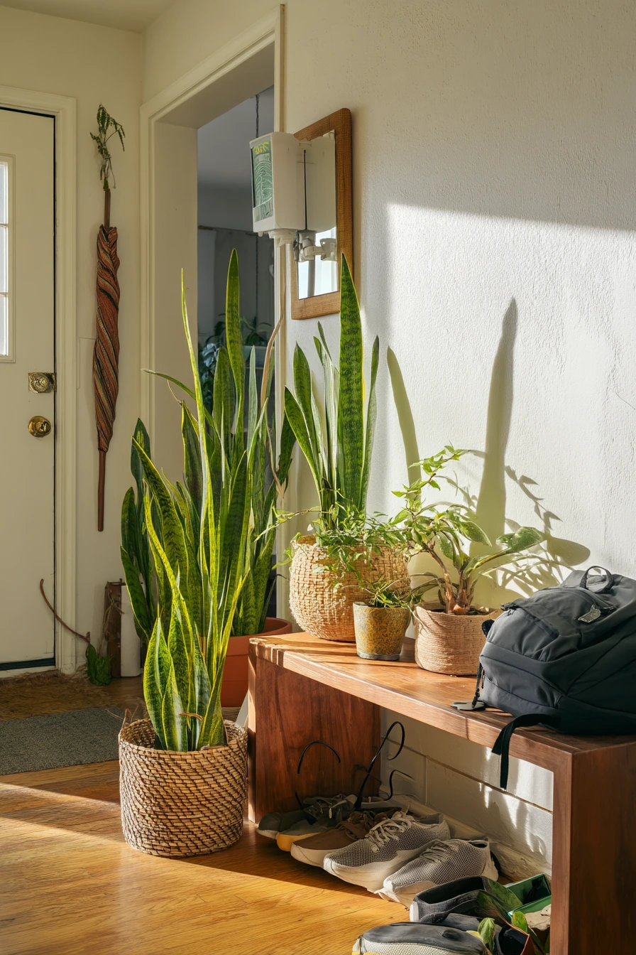 Entryway plant landing spot for a busy household