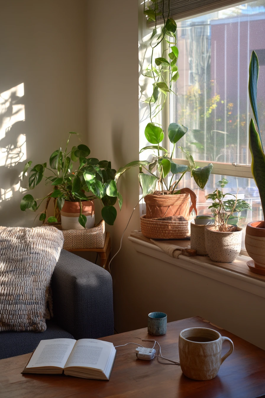 Sunlit windowsill cluster in a compact apartment