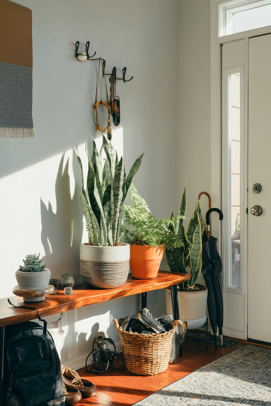 Entryway plant landing spot for a busy household