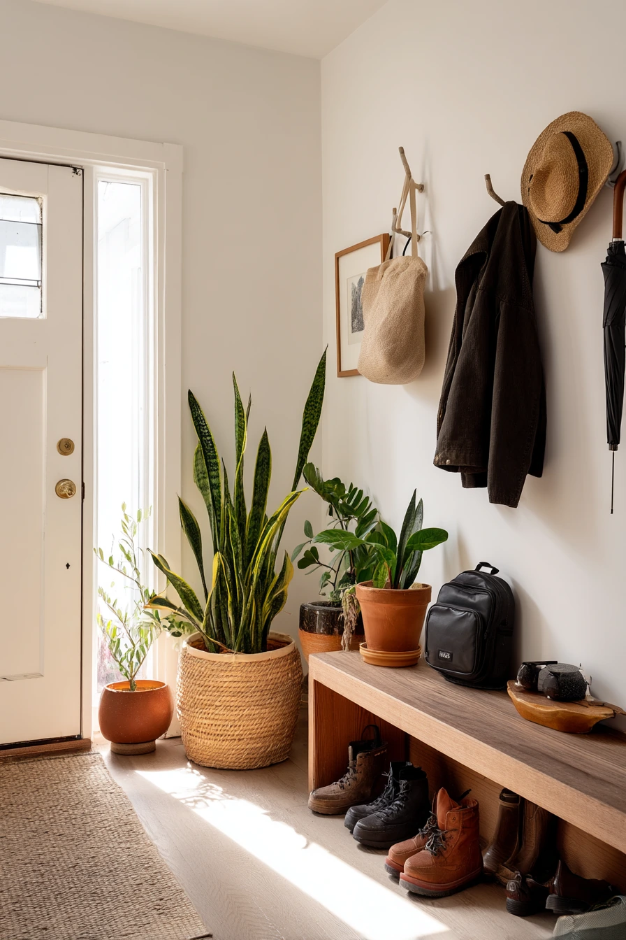 Entryway plant landing spot for a busy household