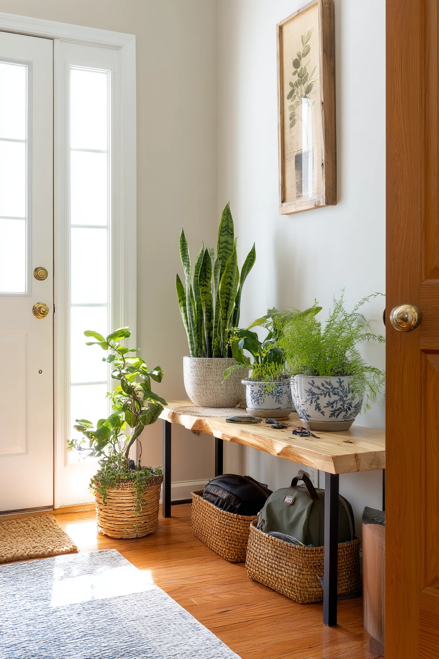 Entryway plant landing spot for a busy household