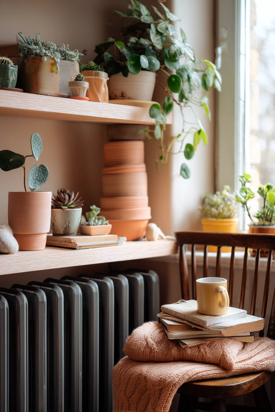 Plant shelf above the radiator in winter light