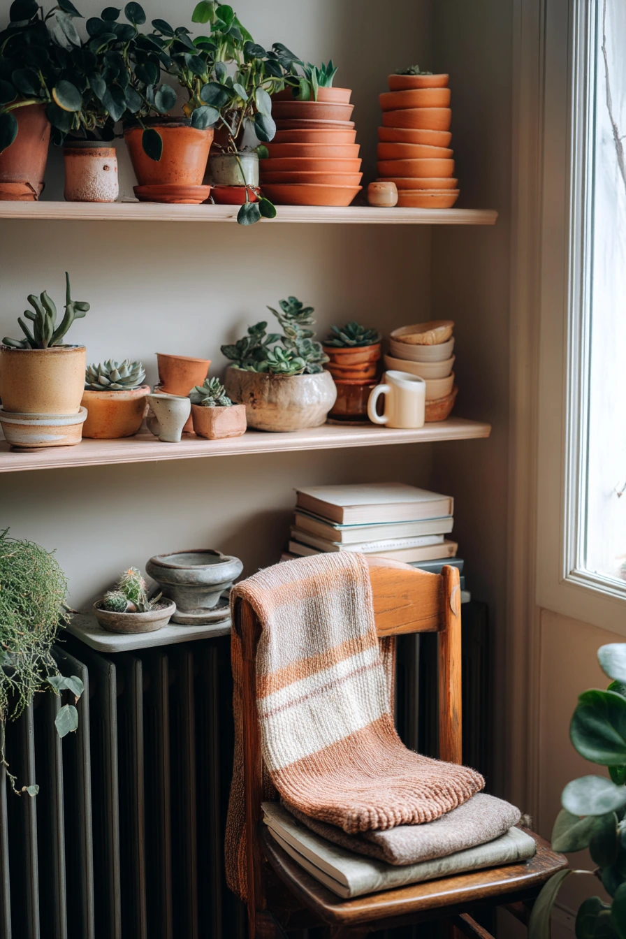 Plant shelf above the radiator in winter light