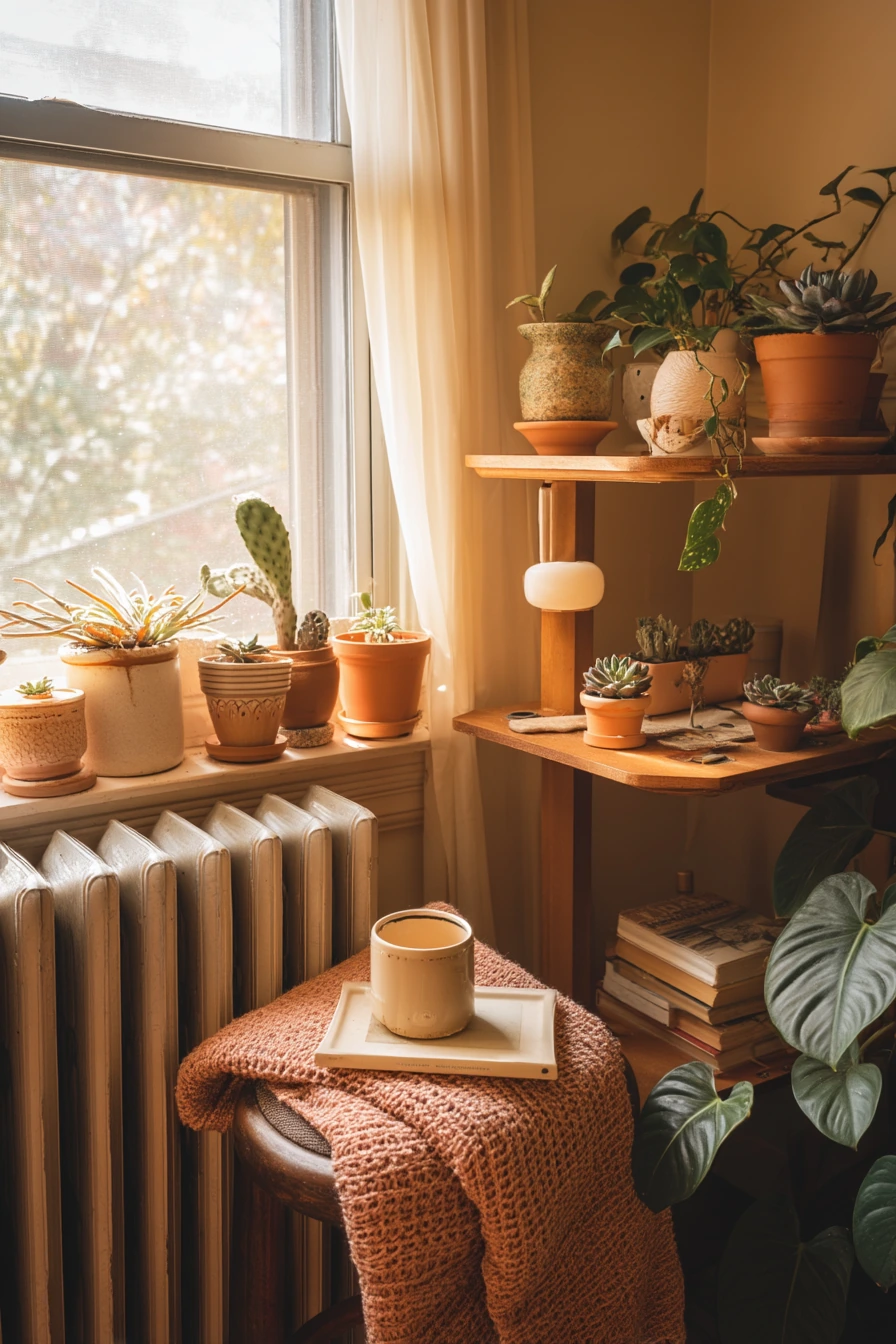 Plant shelf above the radiator in winter light