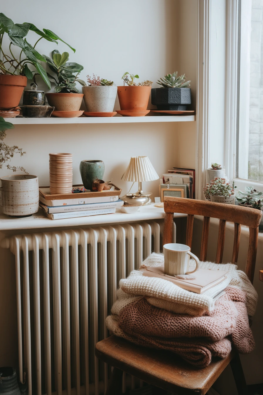 Plant shelf above the radiator in winter light