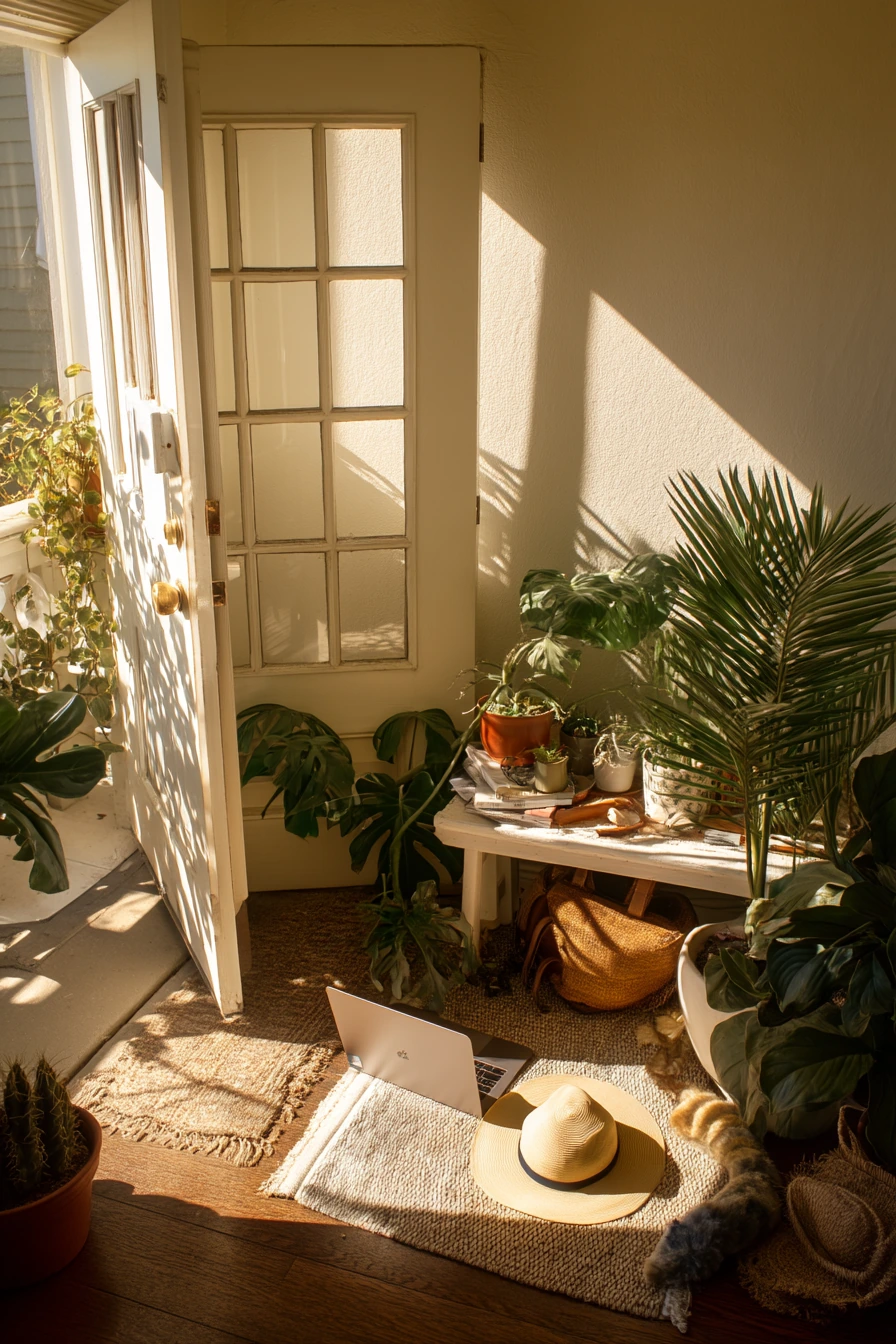 Balcony door plant grouping for indoor-outdoor flow