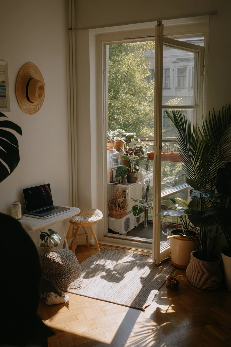 Balcony door plant grouping for indoor-outdoor flow