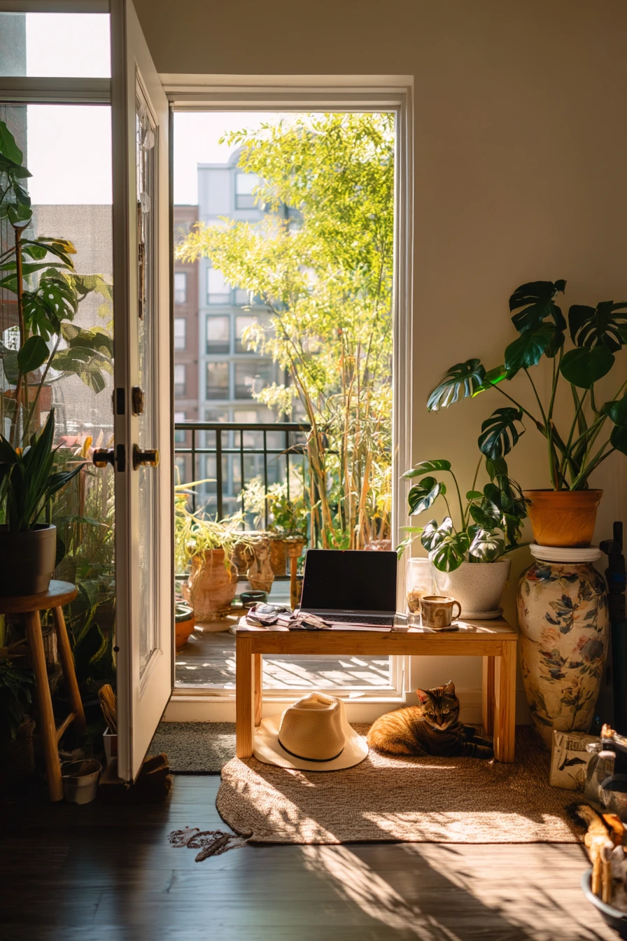 Balcony door plant grouping for indoor-outdoor flow
