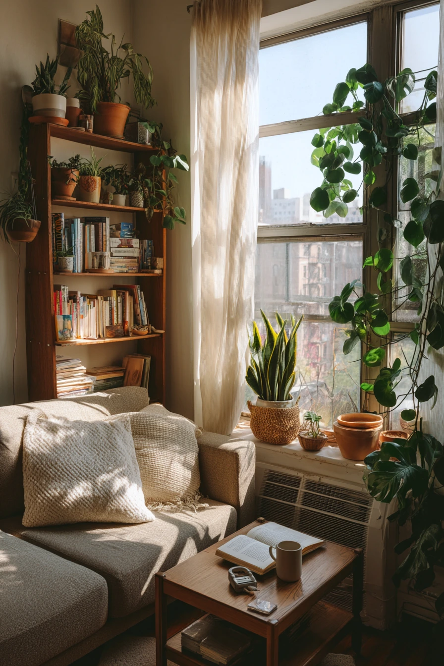 Sunlit windowsill cluster in a compact apartment
