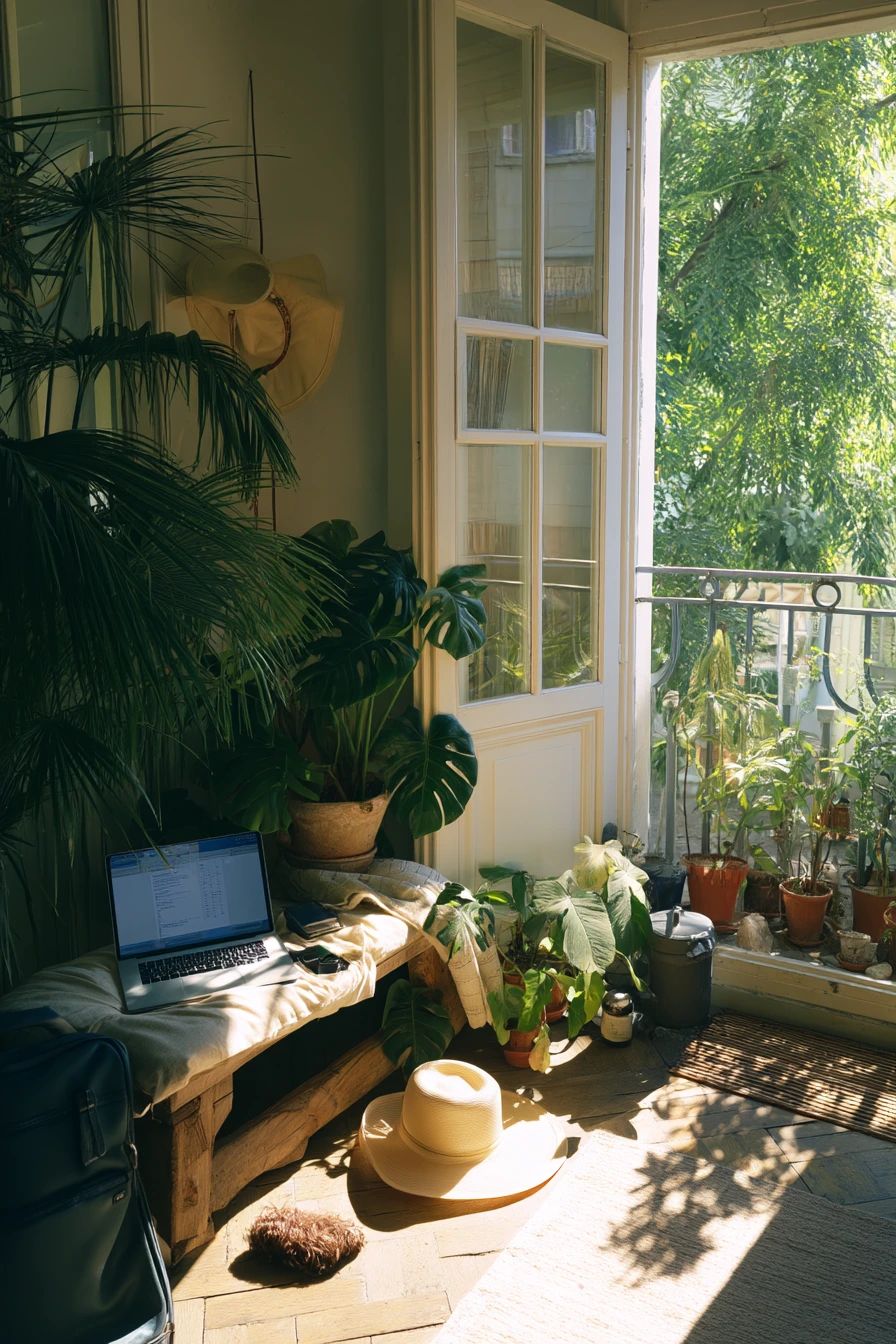 Balcony door plant grouping for indoor-outdoor flow