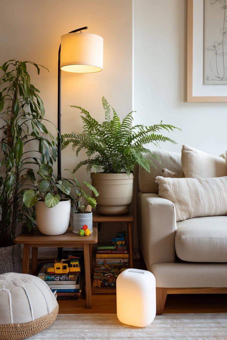 Renter-friendly plant corner by the sofa