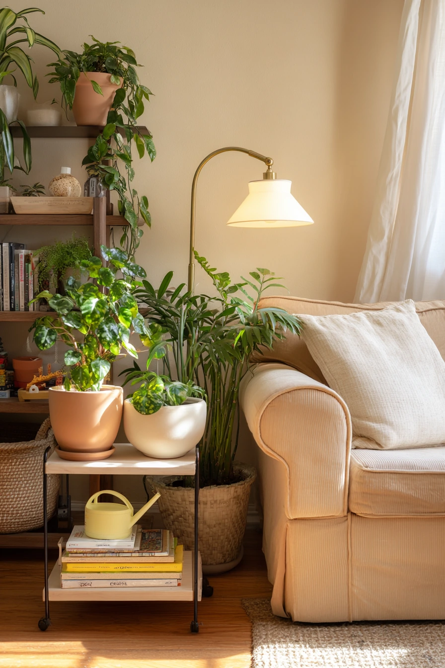 Renter-friendly plant corner by the sofa