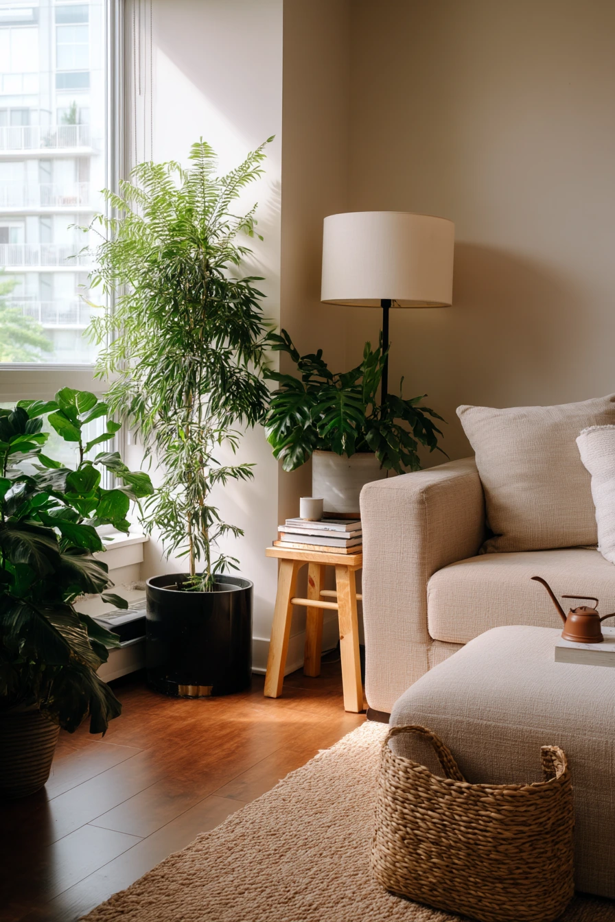 Renter-friendly plant corner by the sofa
