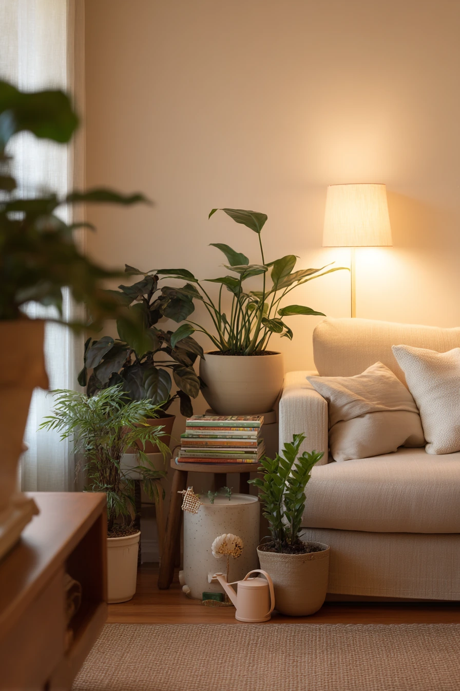 Renter-friendly plant corner by the sofa